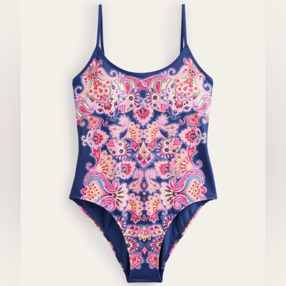 New Boden Scoop Tie Back One Piece Swimsuit Navy Pink Paradise 8 - Picture 3 of 9